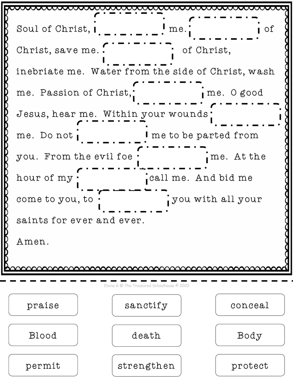 Prayer completion activity supplies nine word cutouts, including praise, sanctify, conceal, Blood, and Body.