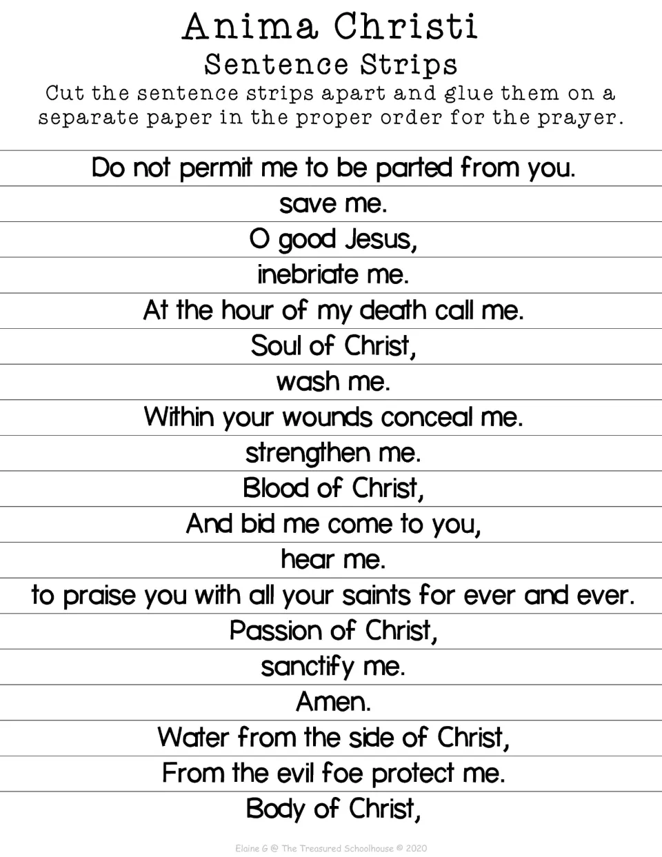 Prayer sequencing activity has 19 sentence strips to cut apart and glue on separate paper in the proper order.