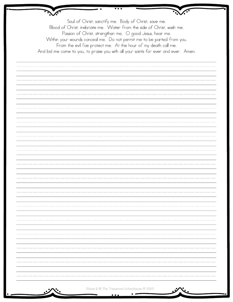 Prayer copywork page provides the complete text as a model, including 'O good Jesus, hear me,' for handwriting.