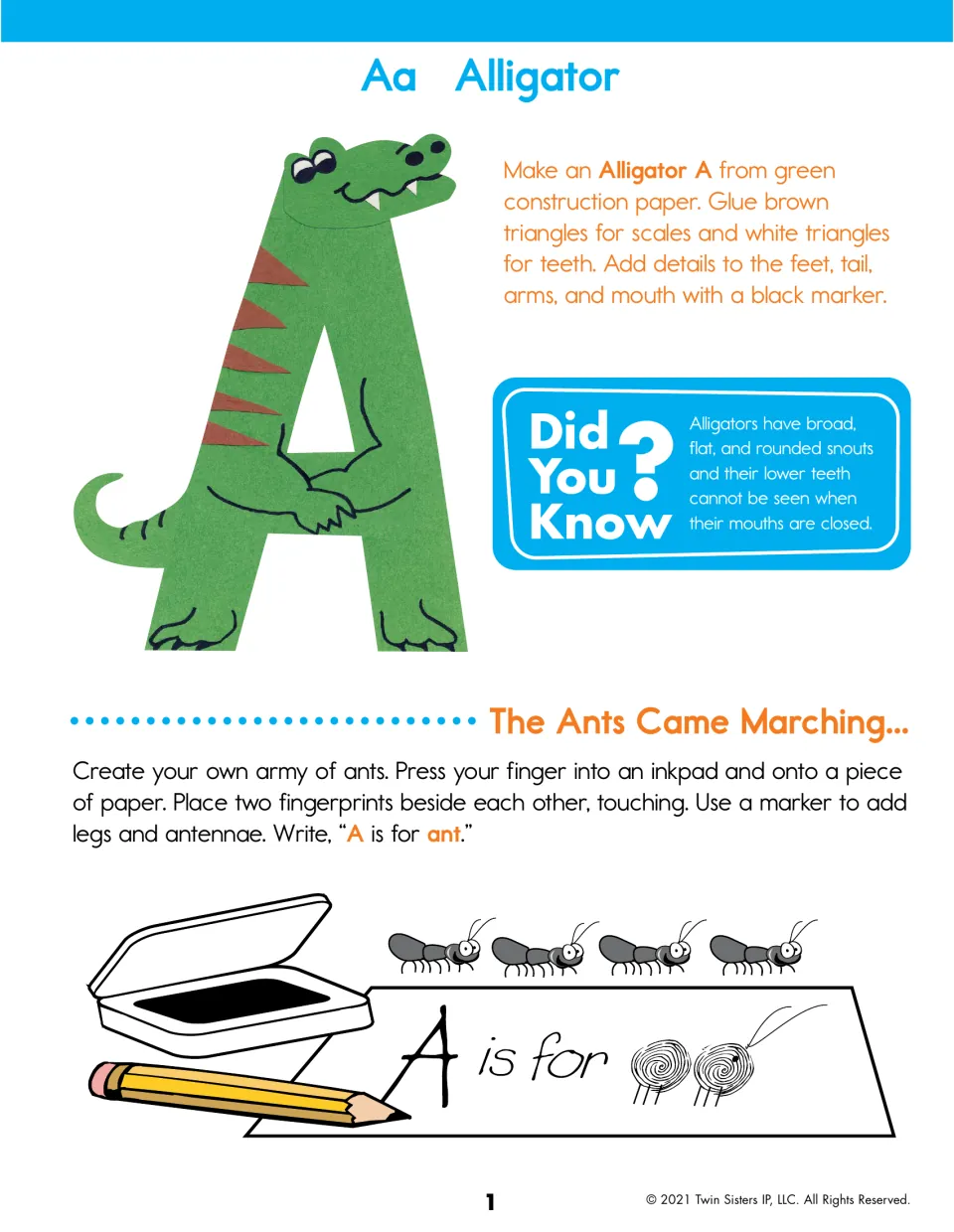 Letter A alligator: children build an Alligator A from paper triangles, read an alligator fact and fingerprint ants for A