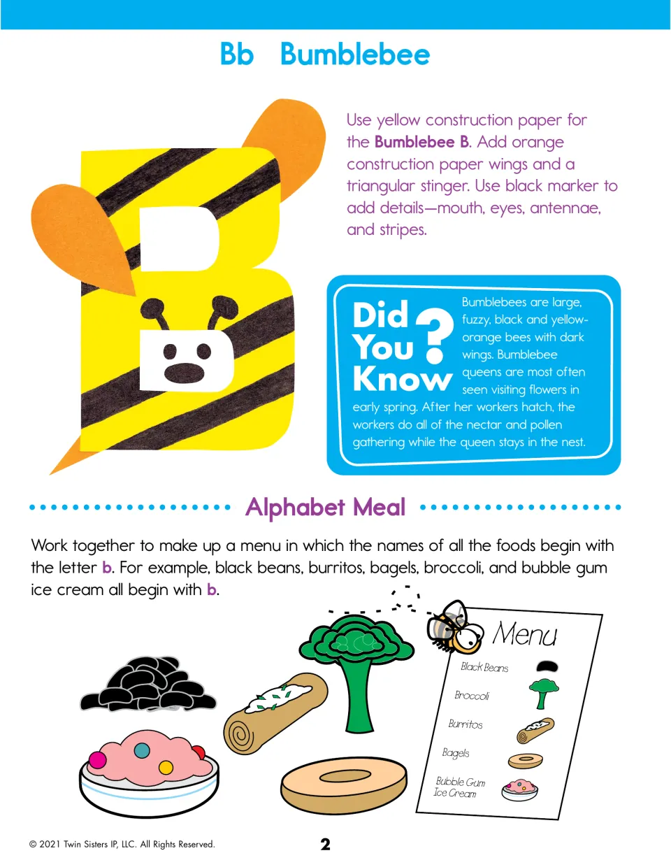 Letter B bumblebee: children make a paper Bumblebee B, learn a bee fact, then plan a menu of foods that all start with b