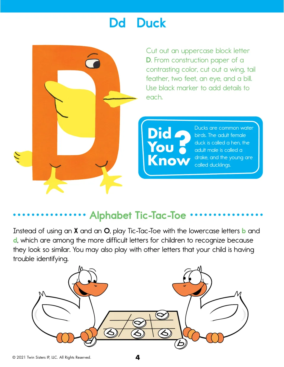Letter D duck: children build a paper Duck D, read about hens and drakes, then play tic-tac-toe with b and d