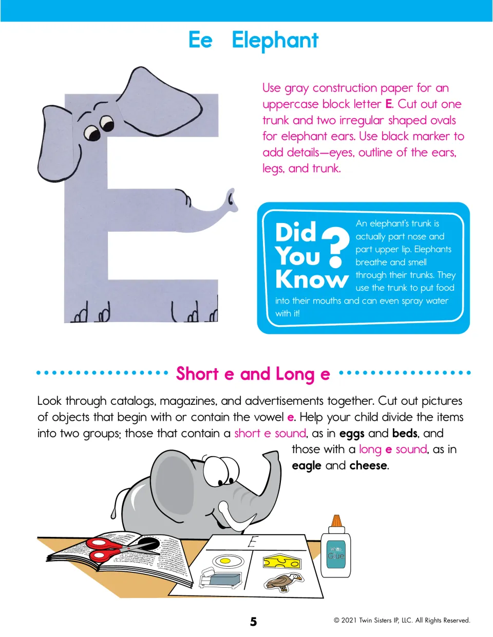 Letter E elephant: children make a gray paper E with trunk and ears, then sort magazine pictures by short e and long e