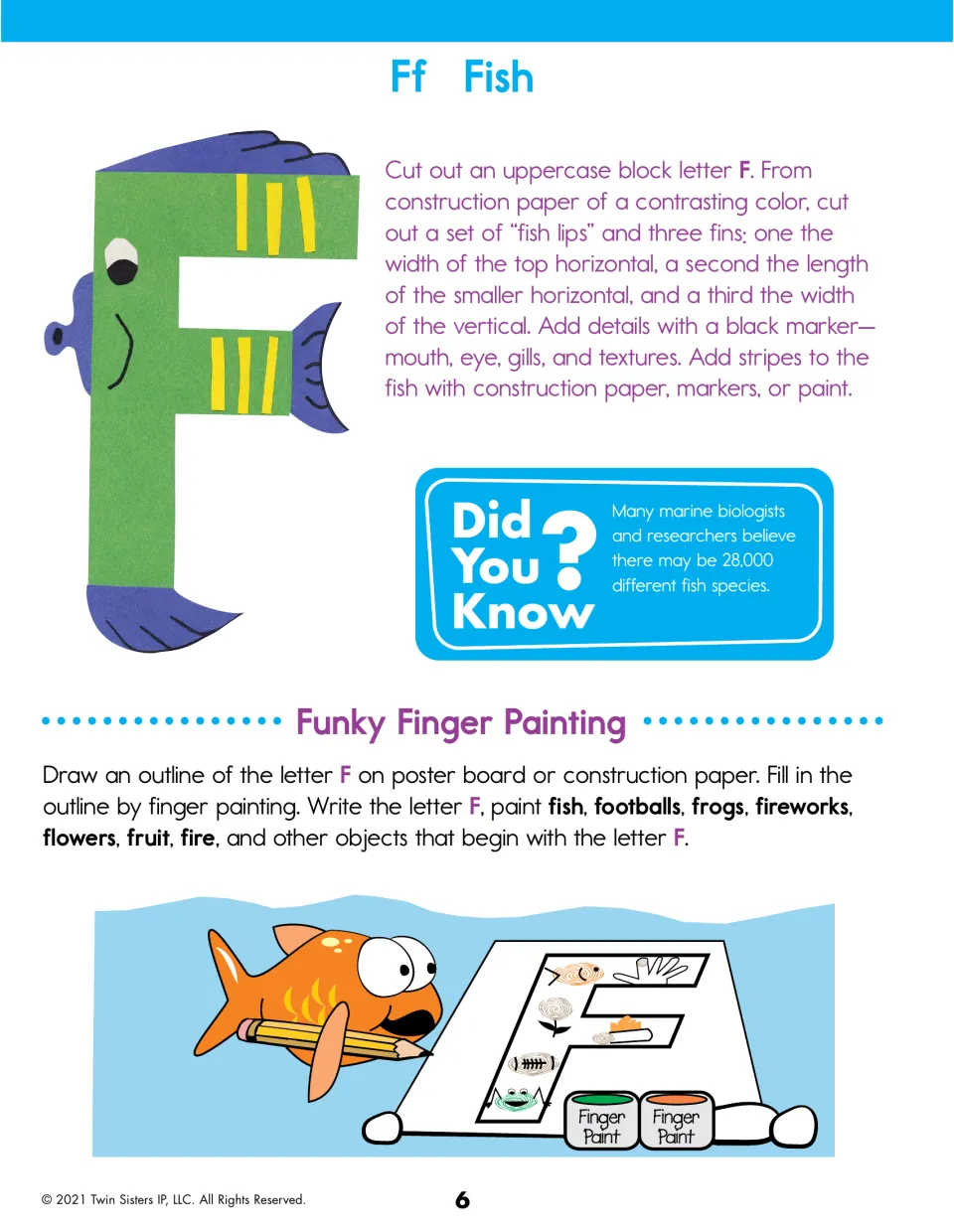 Letter F fish: children craft a Fish F with fins, then finger paint an F outline with fish, frogs and other F objects