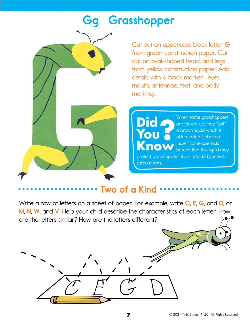 Letter G grasshopper: children make a green paper G, then compare letters such as C, E, G and D to describe how they differ