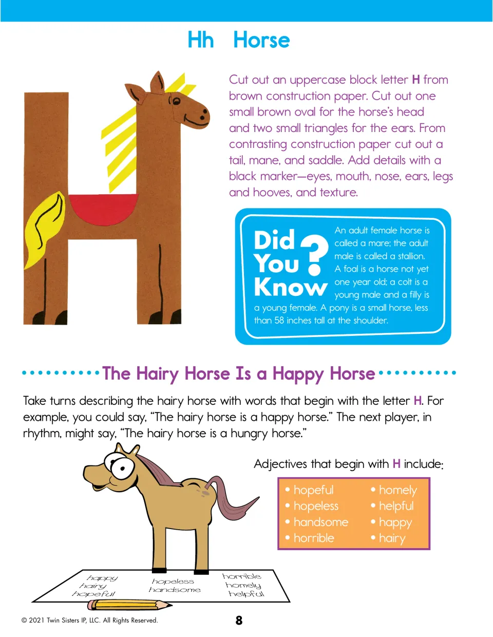 Letter H horse: children craft a brown paper H horse, then take turns describing the horse with H adjectives like happy
