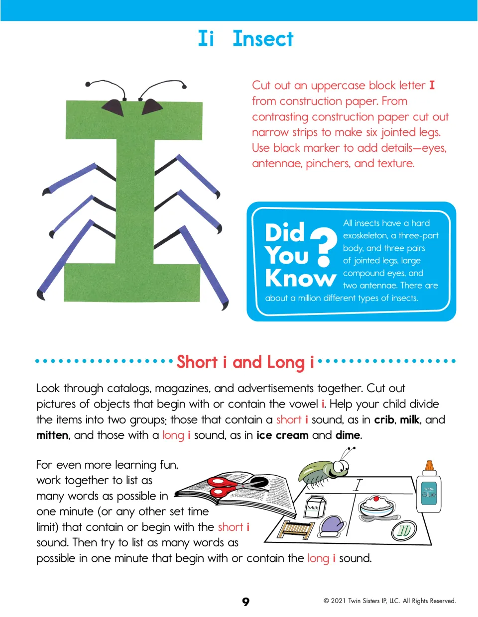 Letter I insect: children build a six-legged paper I, sort pictures by short i and long i, and list i words in a minute