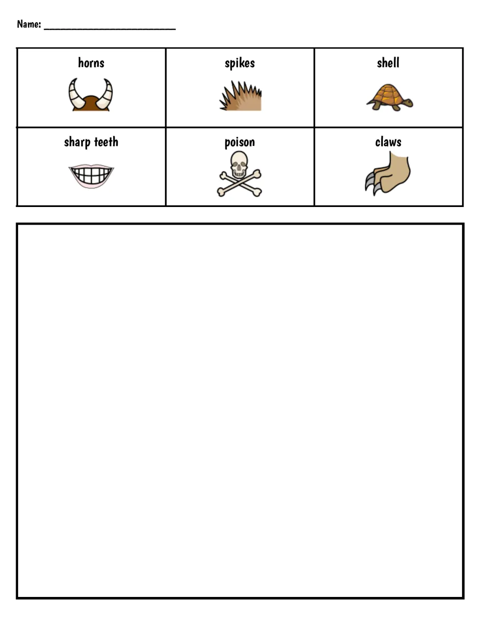 Animal defense adaptations: horns, spikes, shell, sharp teeth, poison and claws pictured above a large blank drawing space