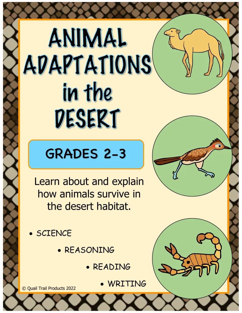 Animal Adaptations in the Desert cover for grades 2-3 showing a camel, roadrunner and scorpion with four skill tags