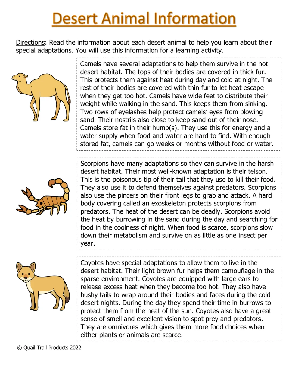 Desert Animal Information reading: students read about camel, scorpion and coyote adaptations like fur, telson and ears