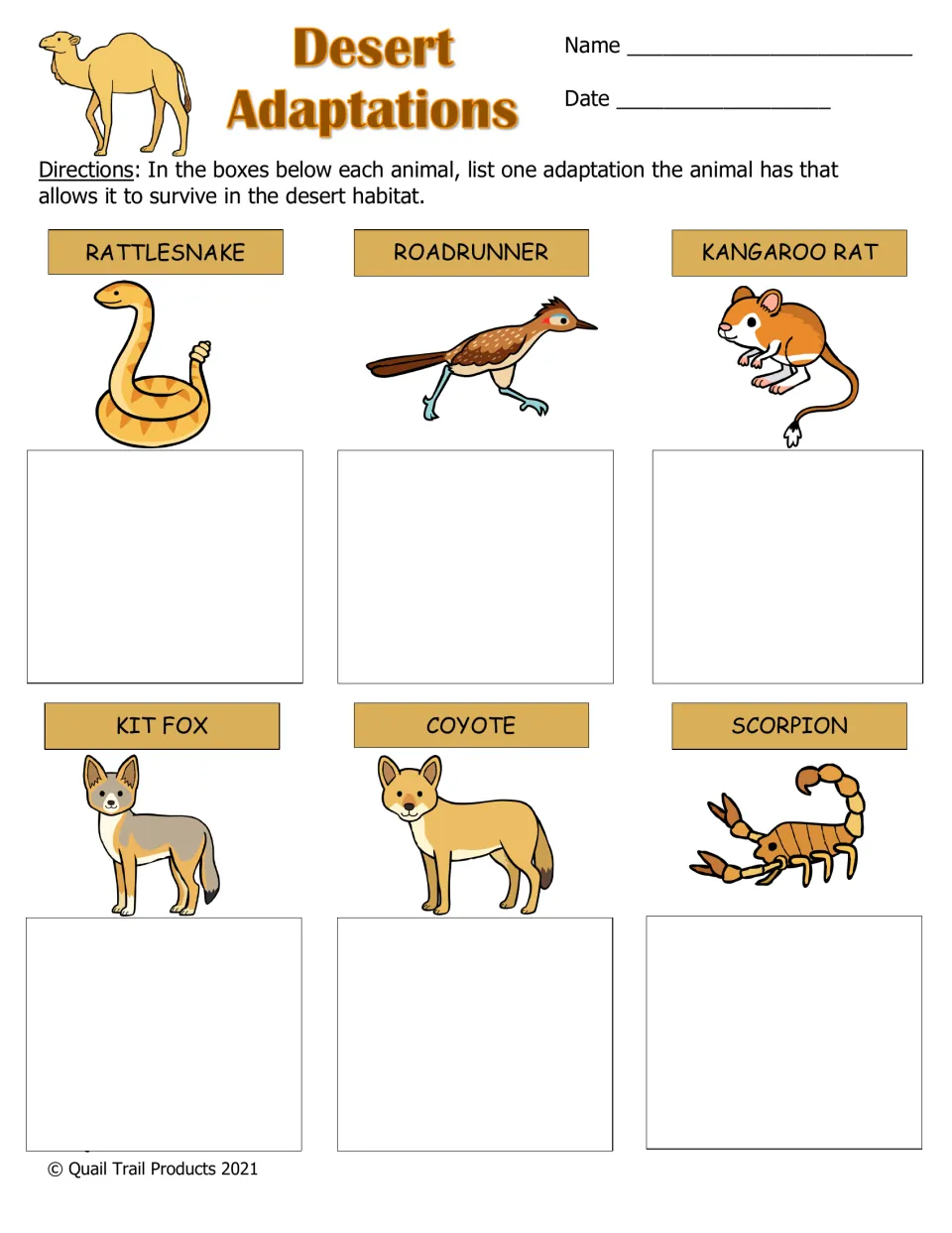 Desert Adaptations: students write one adaptation for each of six desert animals, from rattlesnake to scorpion