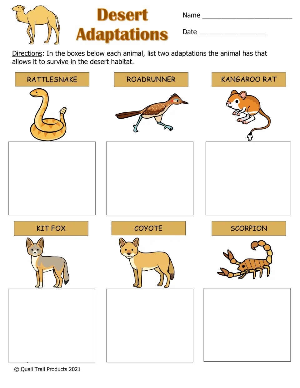 Desert Adaptations: students list two adaptations for each of six desert animals, including kit fox and coyote