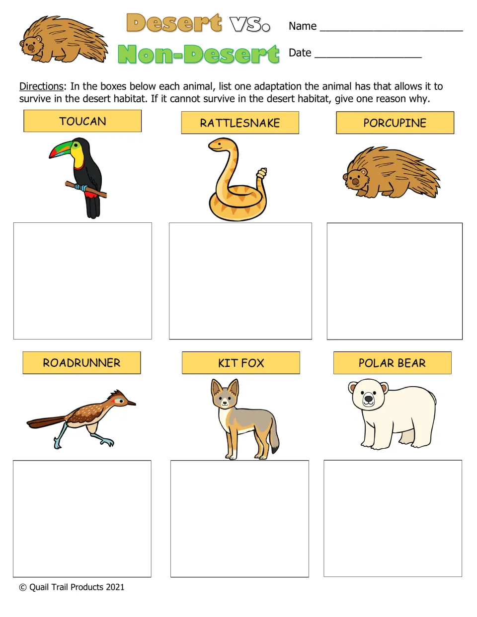 Desert vs. Non-Desert: students list one desert adaptation per animal, or one reason it could not survive there