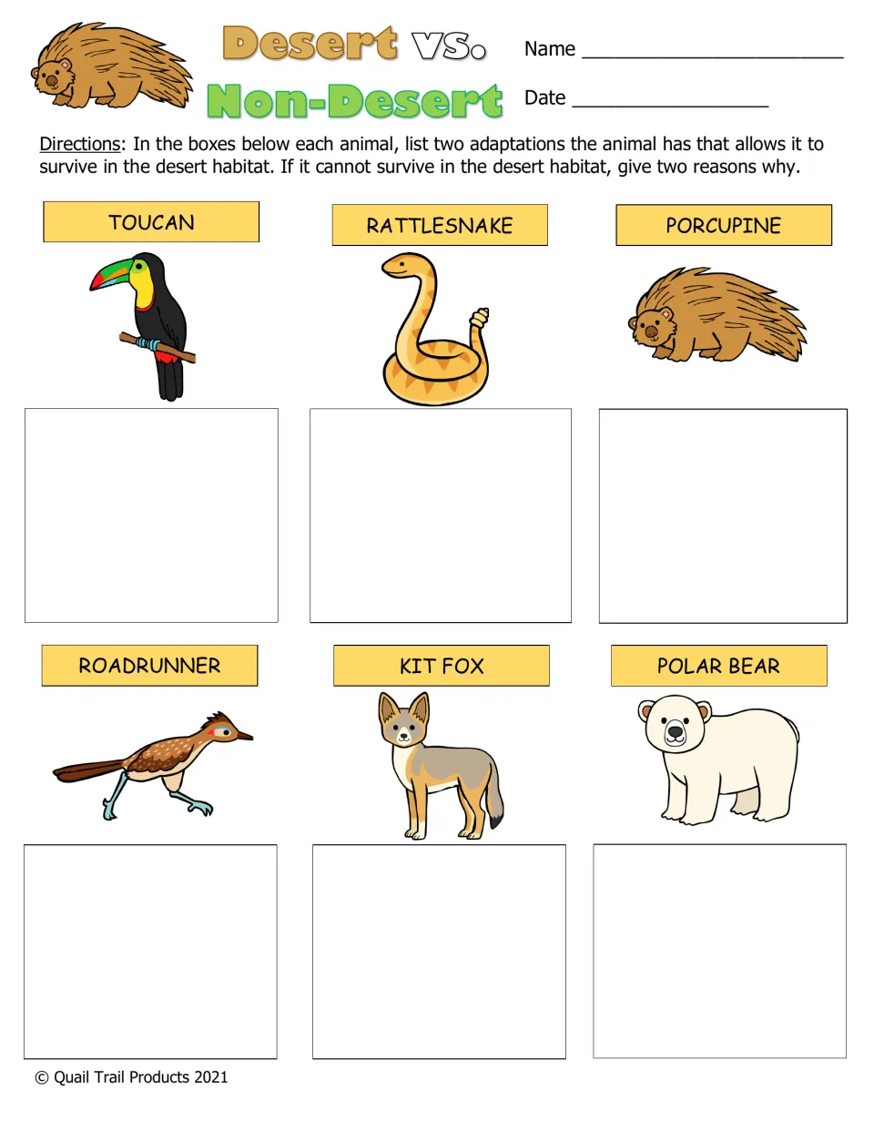 Desert vs. Non-Desert: students list two desert adaptations per animal, or two reasons it could not survive there
