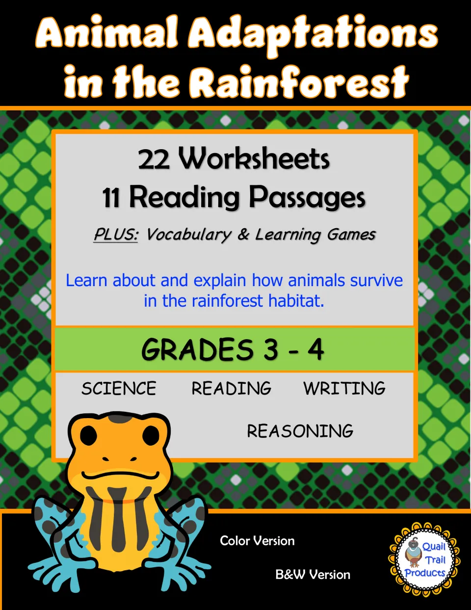 Rainforest animal adaptations packet cover listing 22 worksheets, 11 reading passages, and vocabulary and learning games