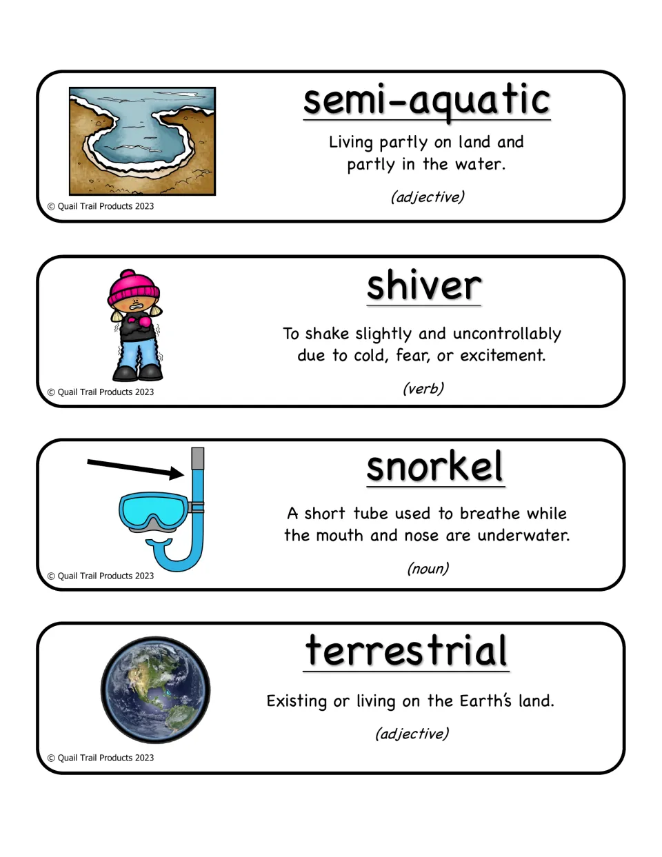 More vocabulary cards defining semi-aquatic, shiver, snorkel and terrestrial with a picture and part of speech for each