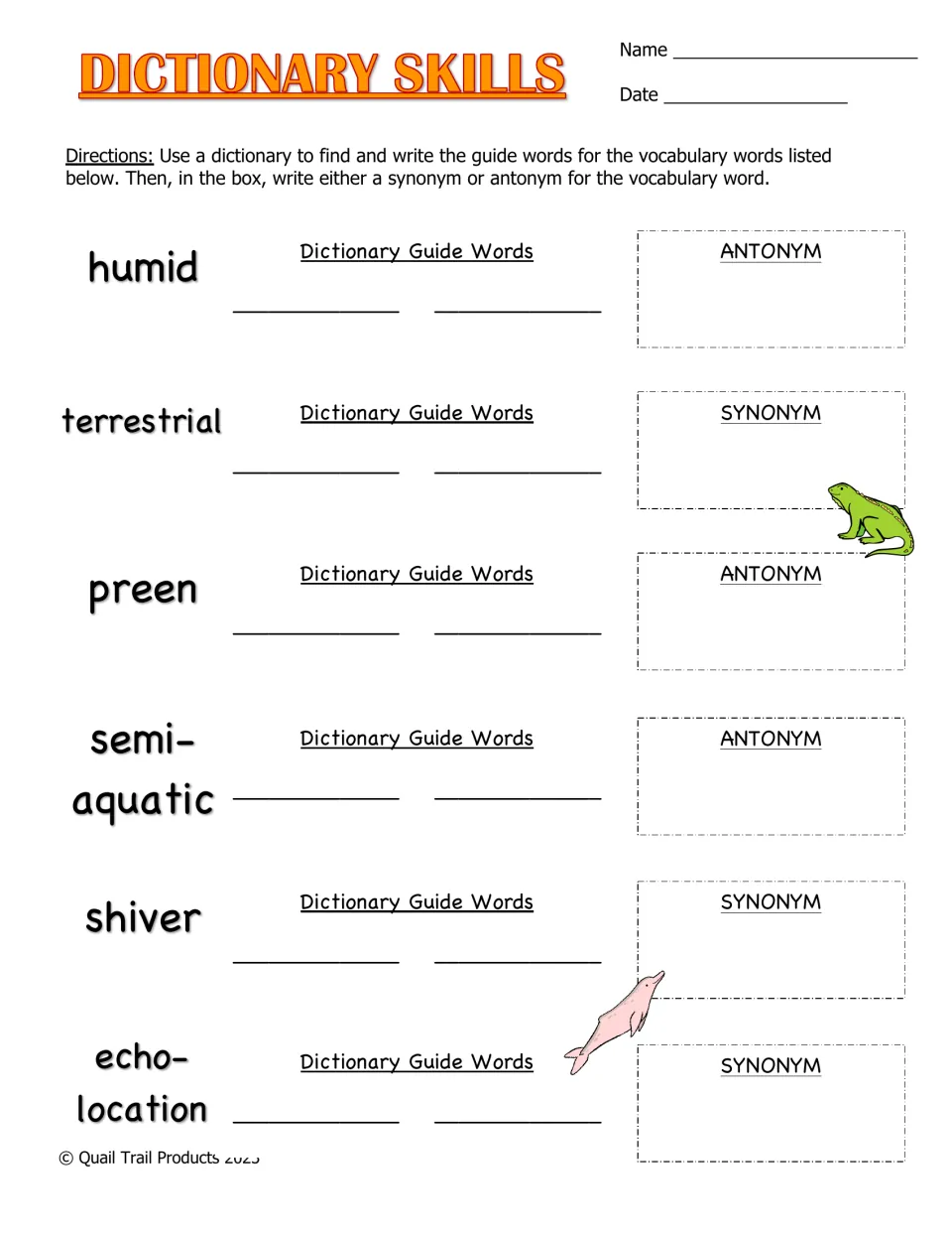 Dictionary skills: students write guide words for humid, preen, shiver and other rainforest terms, plus a synonym or antonym