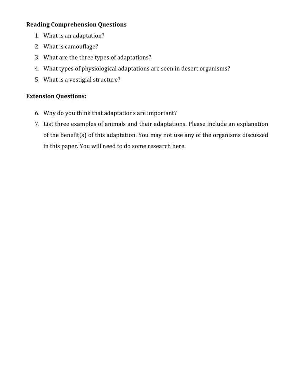 Reading comprehension: 5 questions on adaptations, camouflage and vestigial structures plus 2 extension research questions