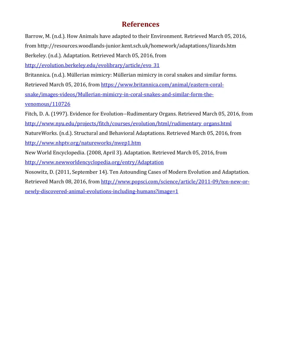 References list citing the web sources used for the adaptations article, including Berkeley, Britannica and NatureWorks