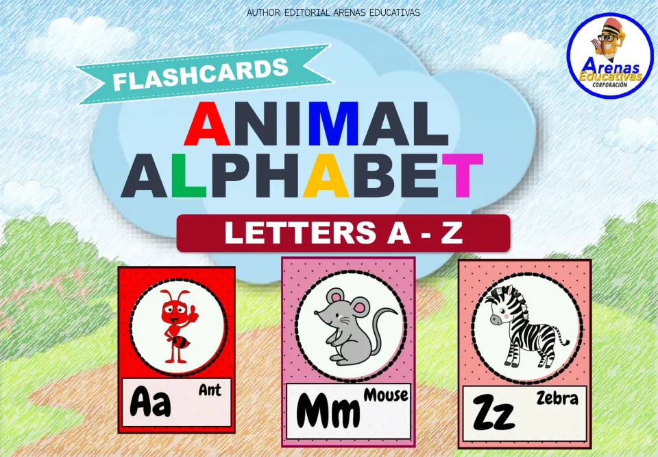 Animal alphabet flashcard cover labeled 'Letters A–Z', showing sample Ant Aa, Mouse Mm, and Zebra Zz cards