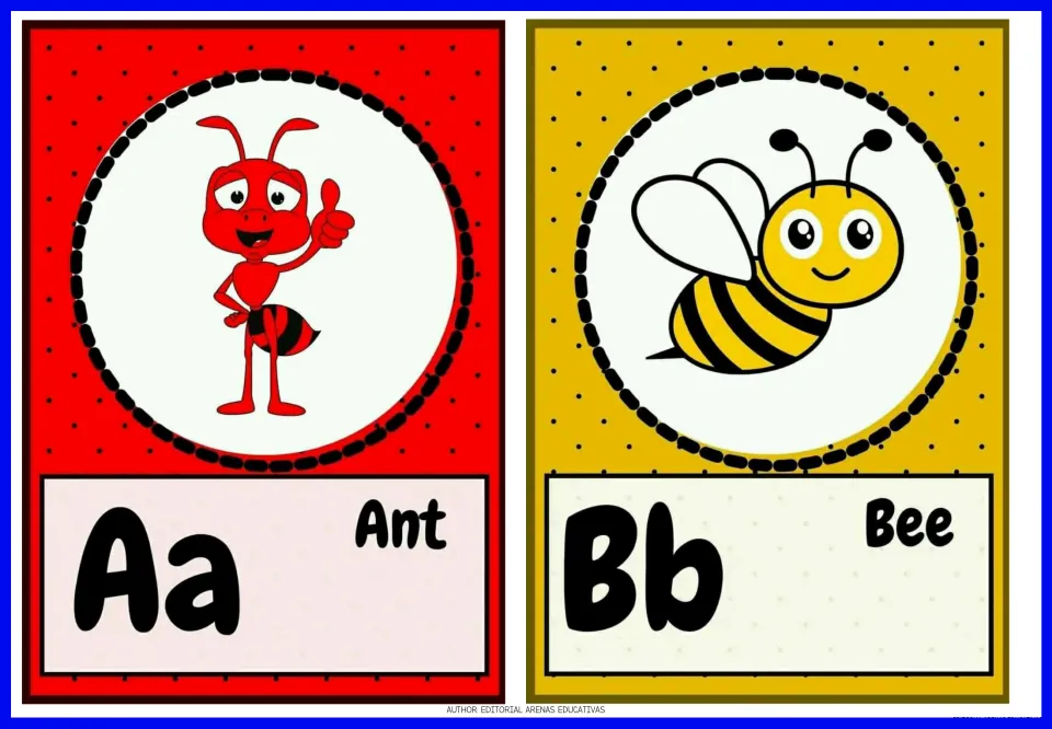 Animal alphabet flashcards 1–2: Aa Ant and Bb Bee, each pairing uppercase and lowercase letters with a picture