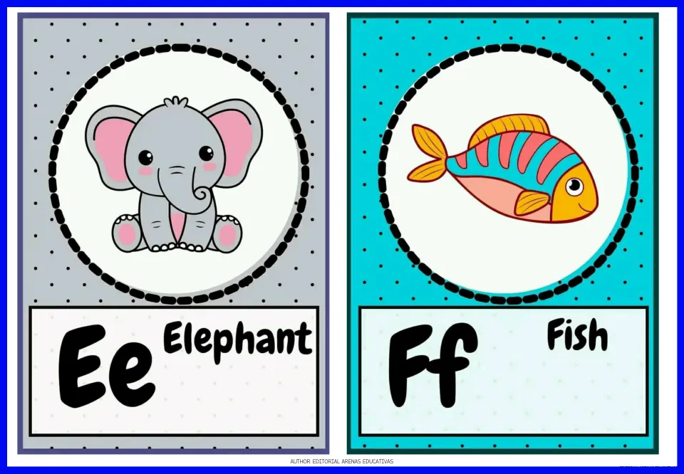 Animal alphabet flashcards 5–6: Ee Elephant and Ff Fish, with uppercase and lowercase letters and animal pictures