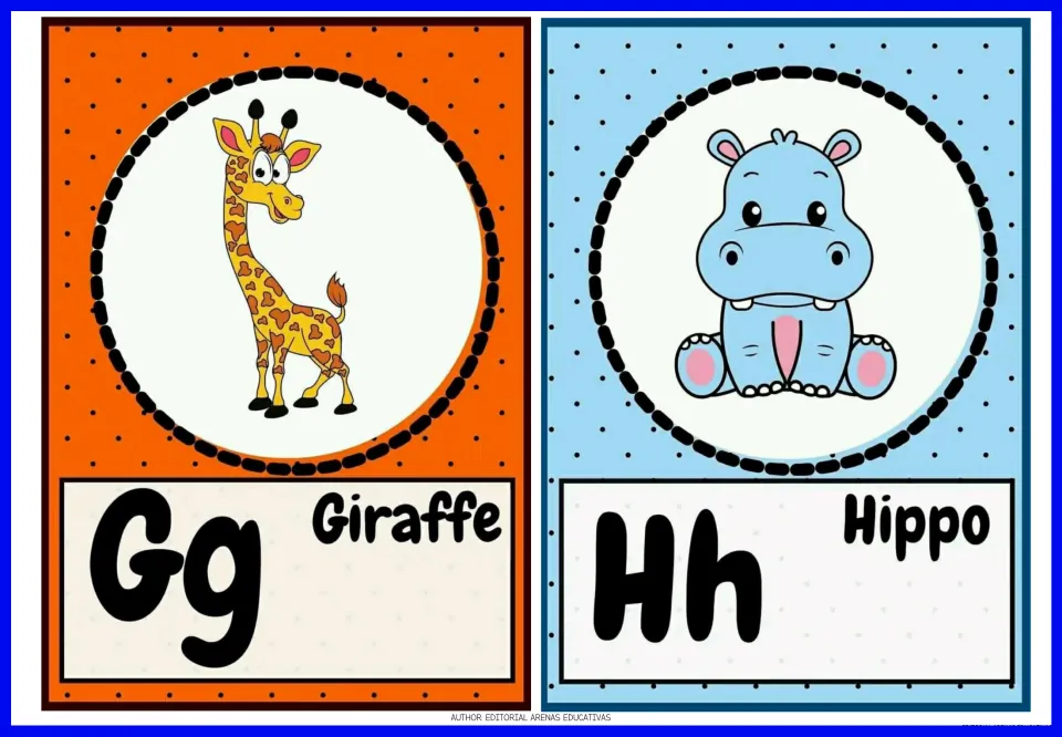 Animal alphabet flashcards 7–8: Gg Giraffe and Hh Hippo, with uppercase and lowercase letters and animal pictures