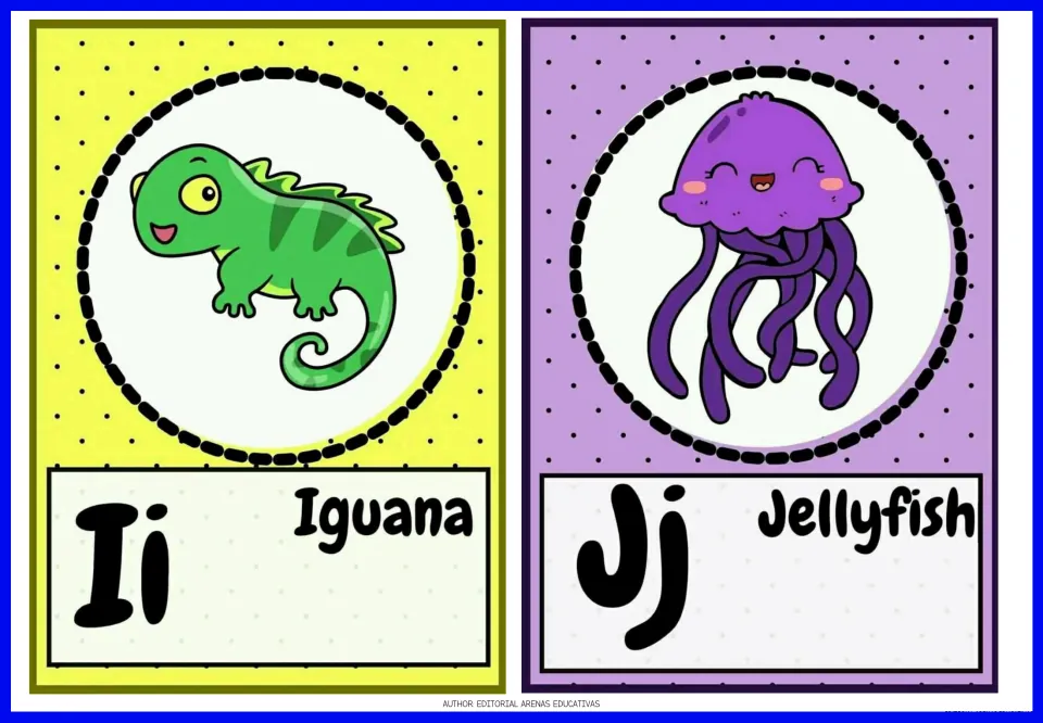 Animal alphabet flashcards 9–10: Ii Iguana and Jj Jellyfish, with uppercase and lowercase letters and pictures