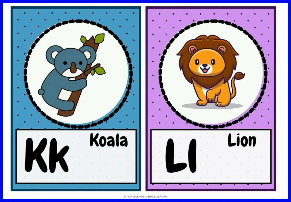 Animal alphabet flashcards 11–12: Kk Koala and Ll Lion, with uppercase and lowercase letters and animal pictures