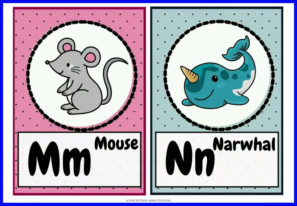 Animal alphabet flashcards 13–14: Mm Mouse and Nn Narwhal, with uppercase and lowercase letters and pictures