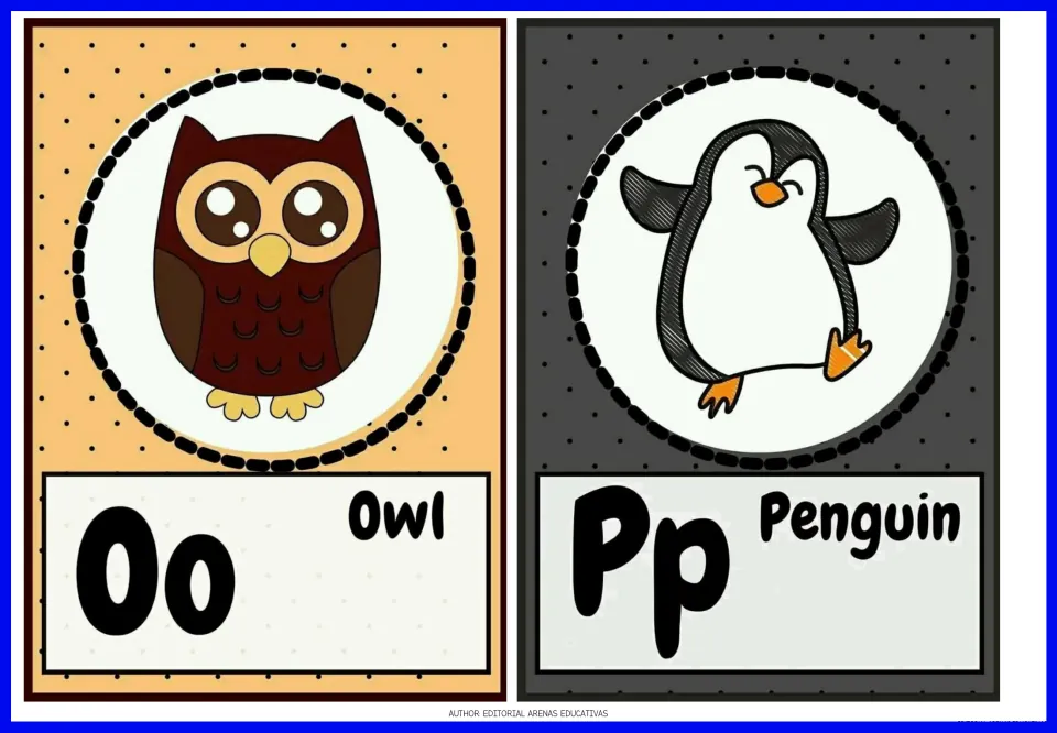 Animal alphabet flashcards 15–16: Oo Owl and Pp Penguin, with uppercase and lowercase letters and animal pictures