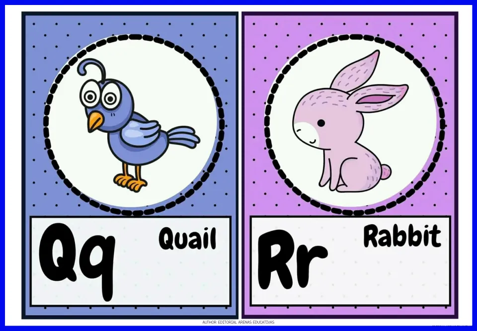 Animal alphabet flashcards 17–18: Qq Quail and Rr Rabbit, with uppercase and lowercase letters and pictures