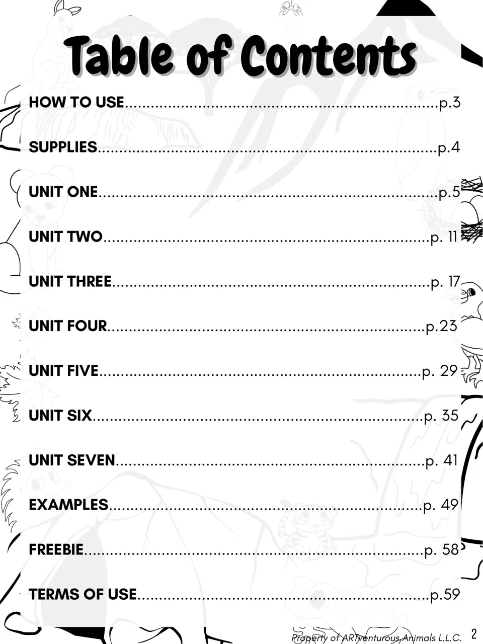 Table of contents listing How to Use, Supplies, Units One to Seven, Examples, Freebie and Terms of Use with page numbers