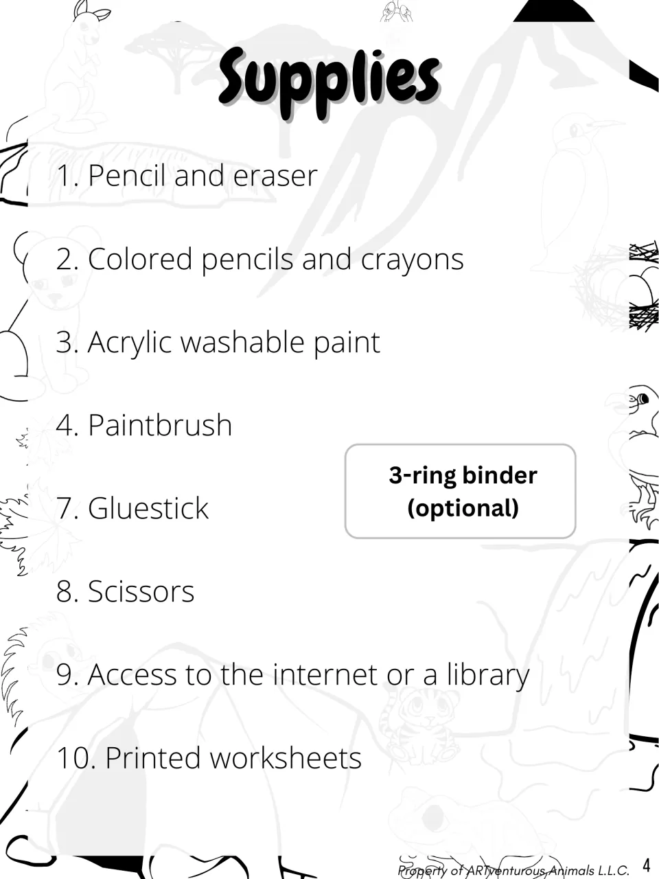 Supplies list: pencil, eraser, colored pencils, crayons, washable acrylic paint, paintbrush, gluestick, scissors, binder