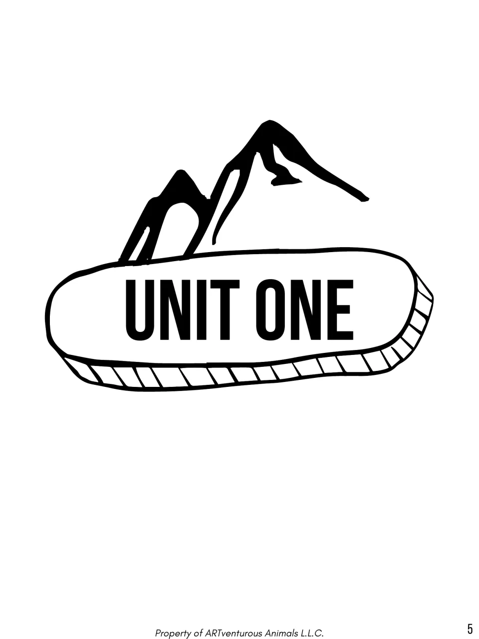Unit One title page: the words UNIT ONE in a bold banner beneath a black outline drawing of mountain peaks