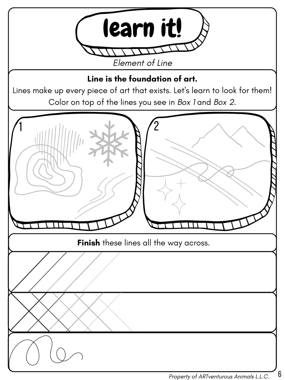 Element of Line, learn it: students color over lines in two drawings, then finish diagonal, crossed and loopy patterns