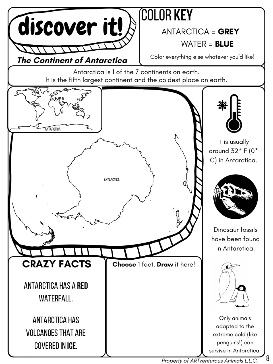 The Continent of Antarctica: students color a map using a grey and blue key, read crazy facts and draw one fact