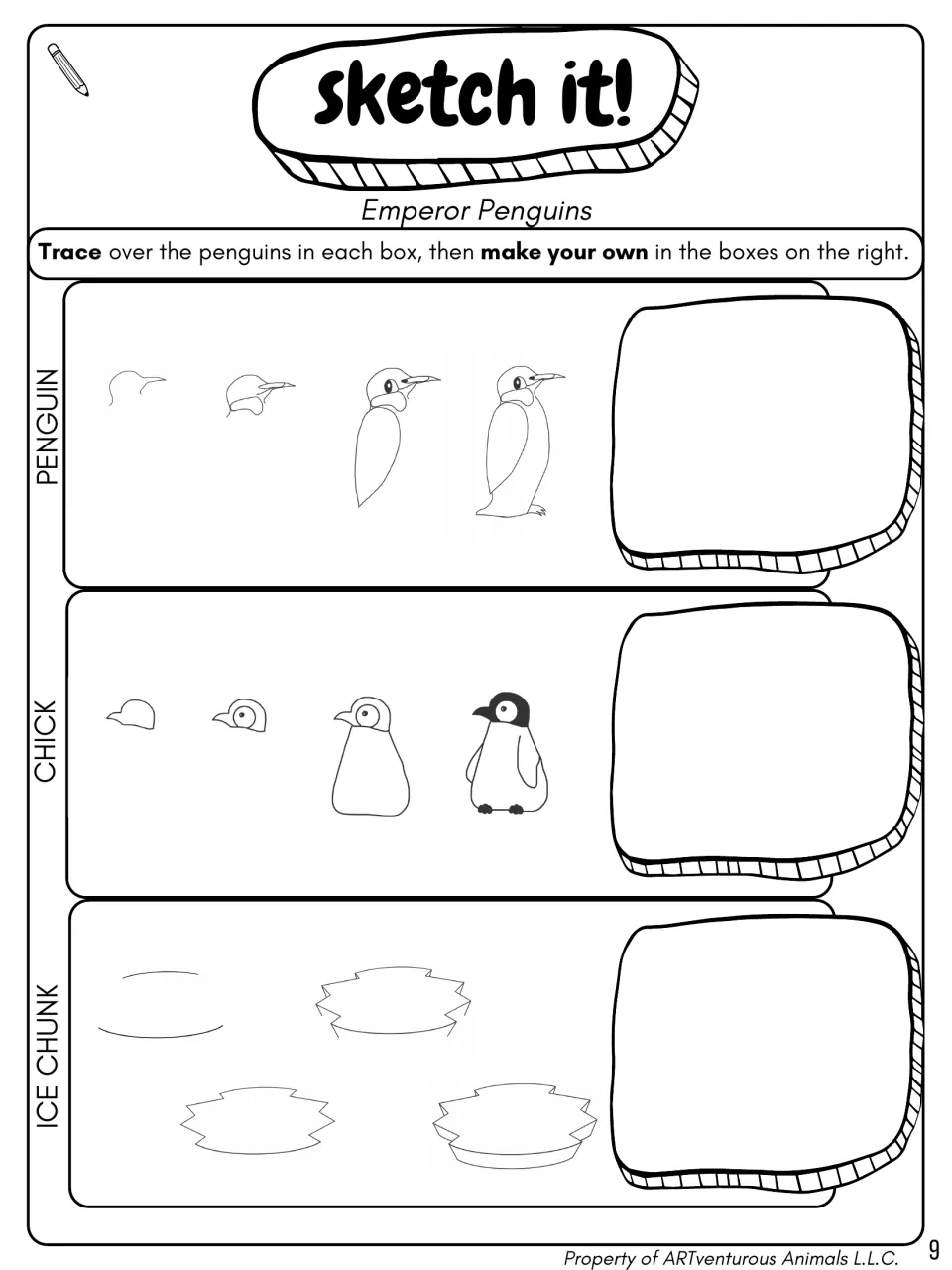 Emperor Penguins: students trace step-by-step drawings of a penguin, a chick and an ice chunk, then draw their own