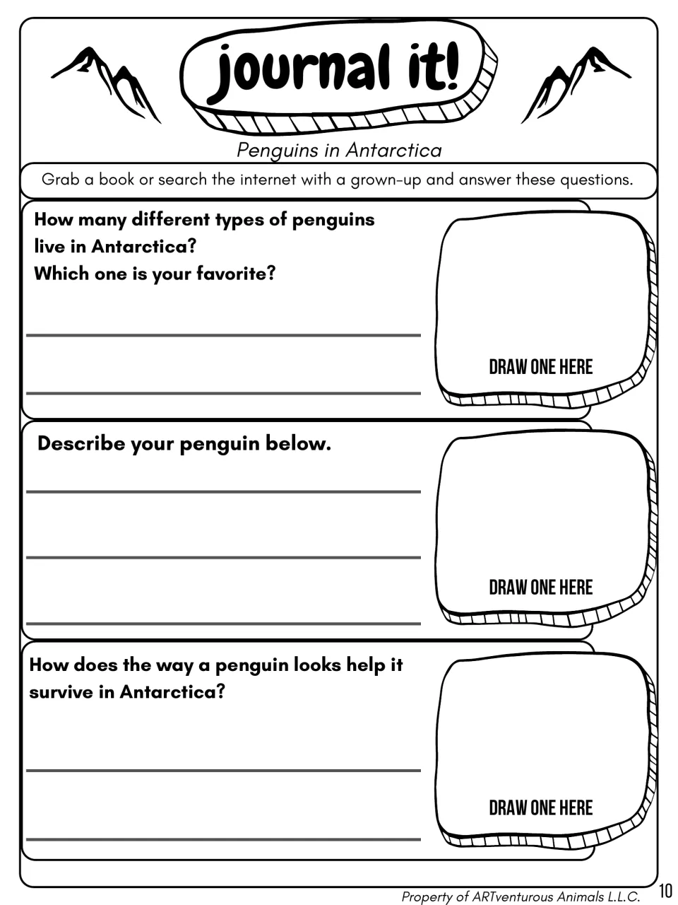 Penguins in Antarctica: students research penguin types, describe one, explain how its looks help it survive and draw it