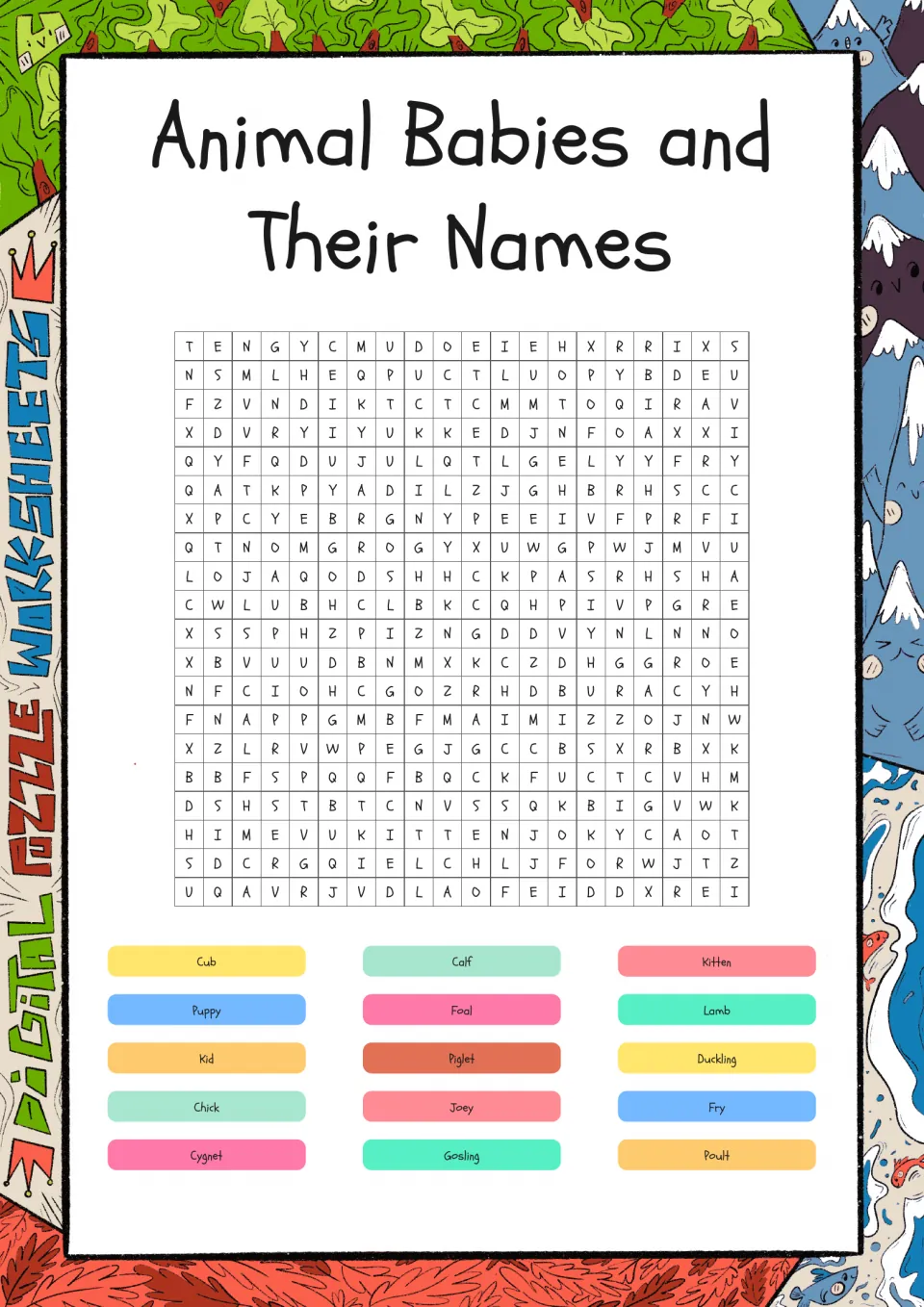 Baby animal names word search: students find 15 words such as cub, calf, kitten, cygnet and poult hidden in the puzzle