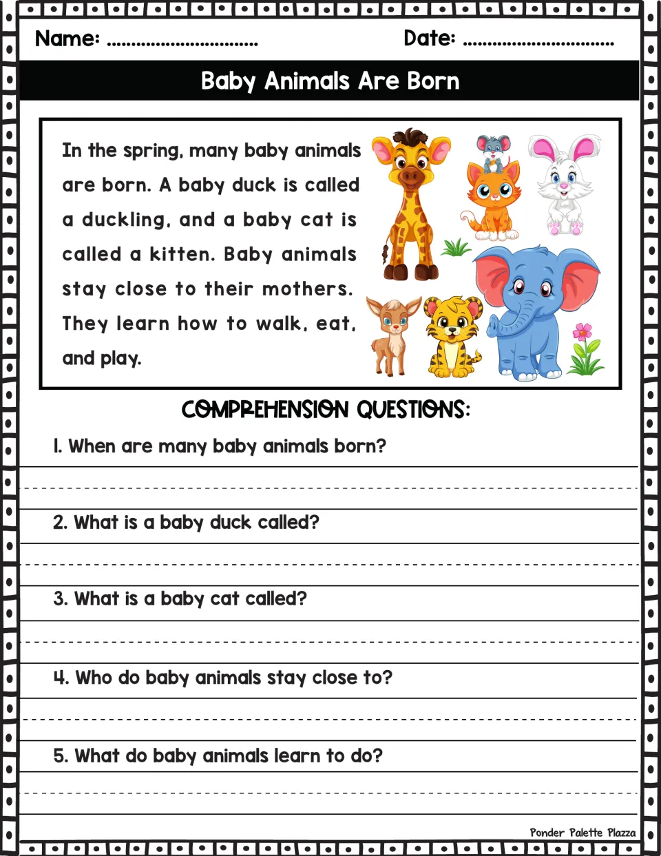 Reading passage about spring baby animals, ducklings, and kittens, followed by five comprehension questions.