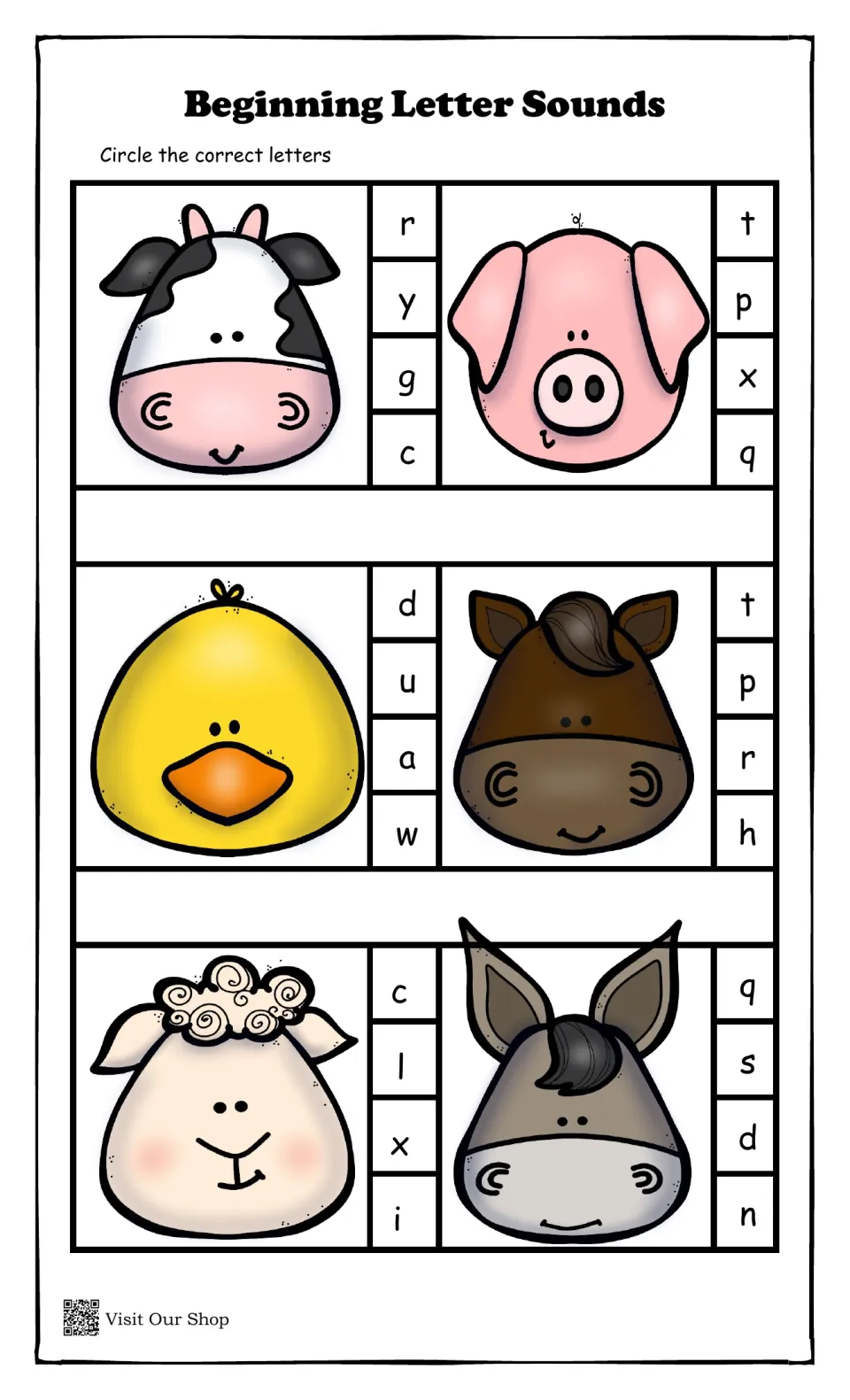 Farm animal beginning sounds: students circle the first letter for a cow, pig, duck, horse, sheep and donkey