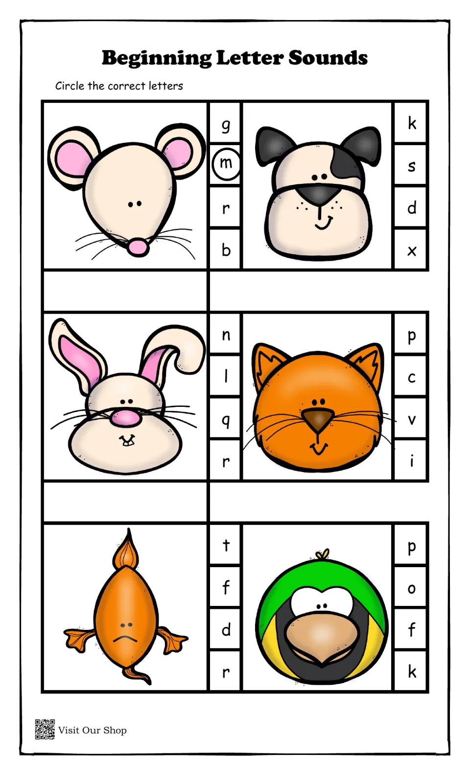 Pet and animal beginning sounds: students circle the starting letter for a mouse, dog, rabbit, cat, fish and bird