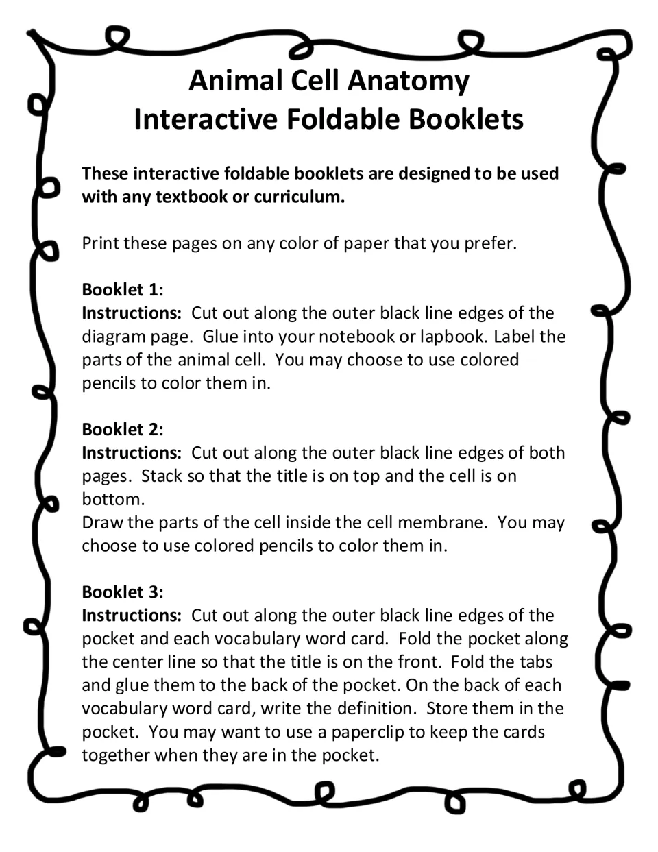 Teacher directions for three booklets: label a cell diagram, draw cell parts in a membrane, and define vocabulary cards