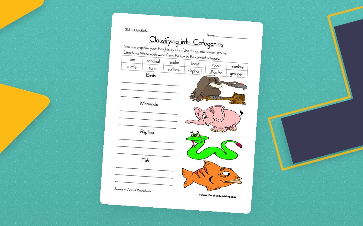 Animal Classification worksheet with mammal, reptile, and fish headings and five animal pictures