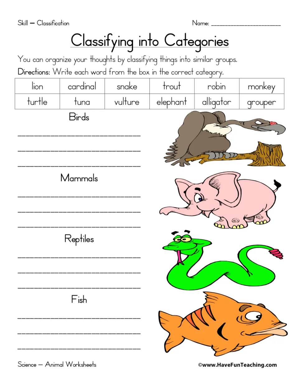 Classifying into categories: students write 12 animal names from a word box under birds, mammals, reptiles or fish