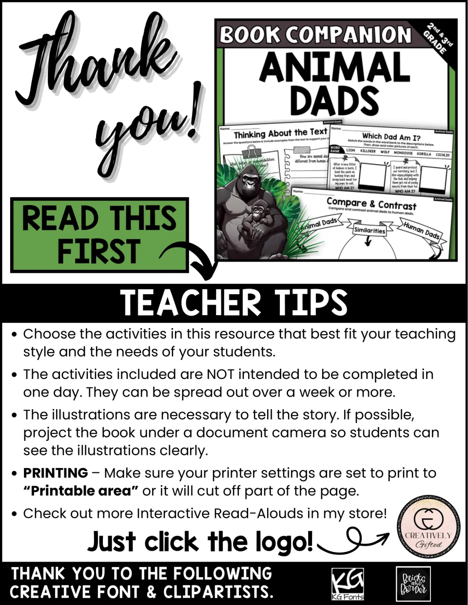 Teacher tips for the book companion cover activity pacing, showing illustrations, and printer settings.