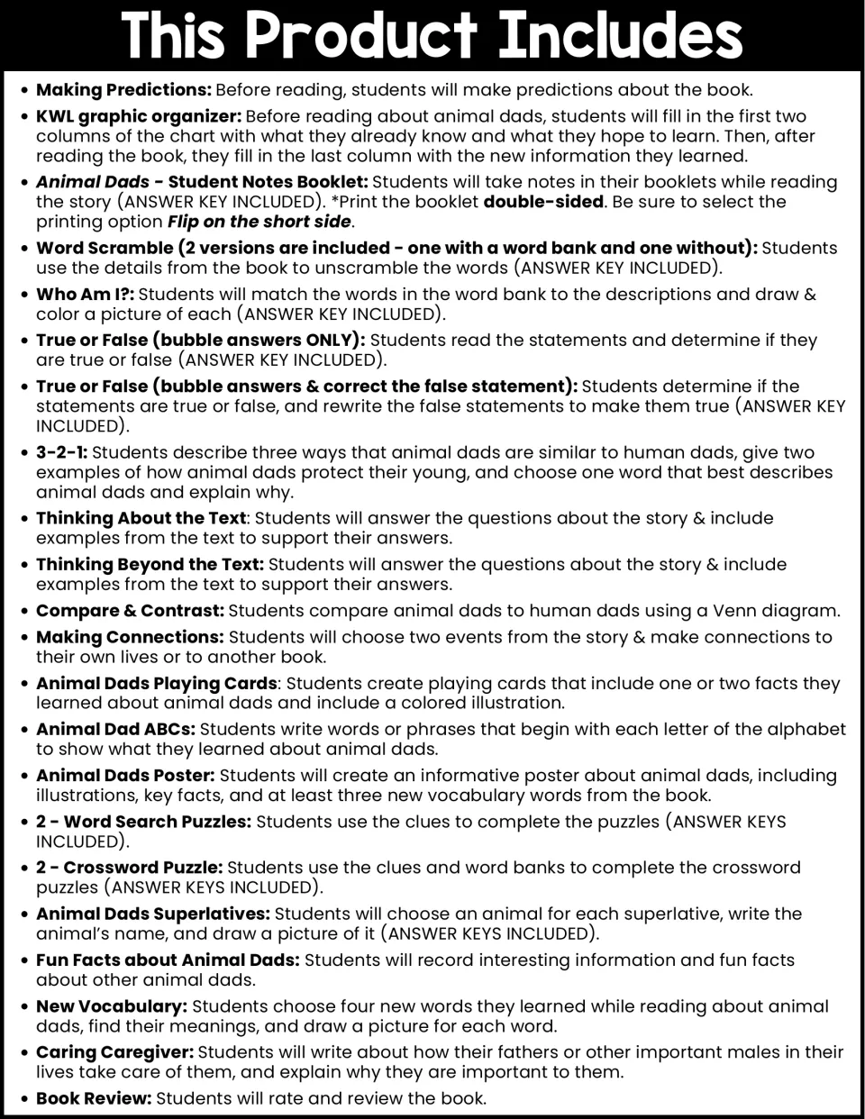 Activity overview lists predictions, a KWL chart, student notes, comprehension tasks, puzzles, and writing.