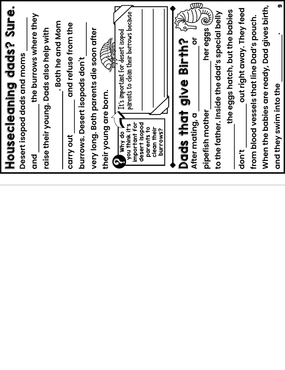 Notes booklet page 9 has fill-in prompts about desert isopod housekeeping and seahorse or pipefish births.