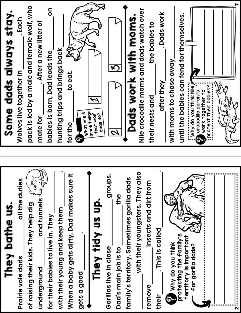 Notes booklet pages 2 and 7 cover prairie vole bathing, gorilla grooming, wolf packs, and crocodile care.